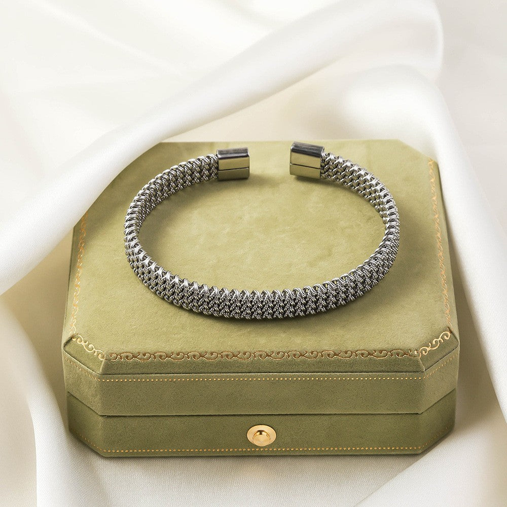 Irregular Knitted Cable-Design Open Womens Fashionable Stainless Steel Bracelet