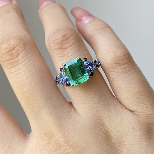 Luxurious Full-Crystal Silver Alloy Ring Womens Aquamarine Crystal Jewelr
